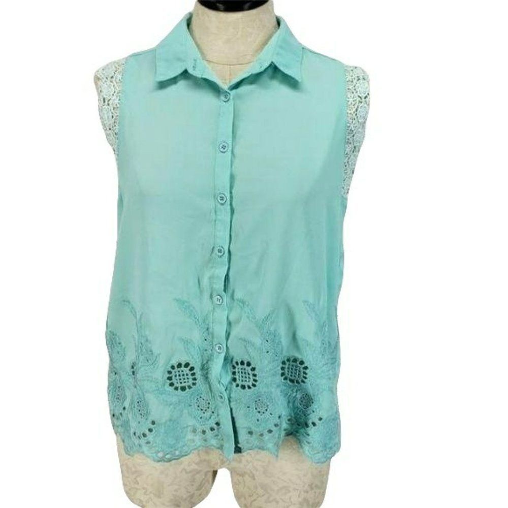 Ceres blue lace cutout medium sleeveless blouse‎